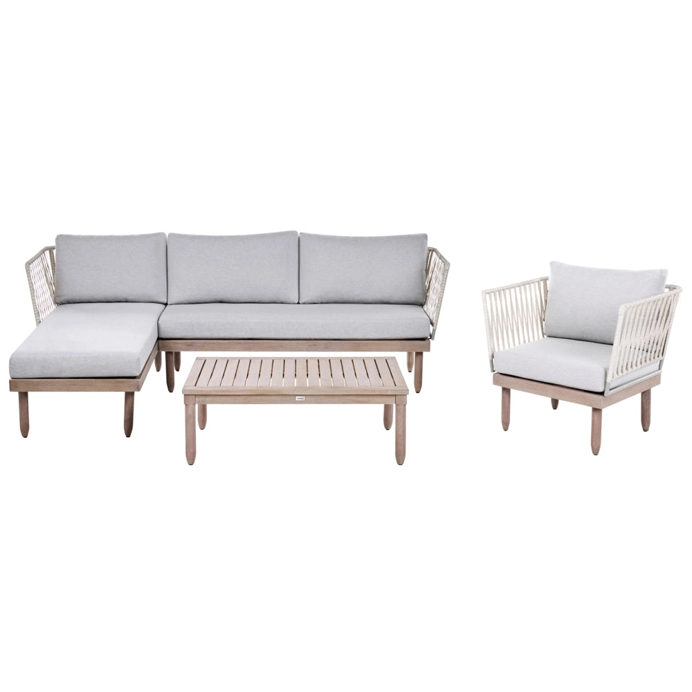 Set Lounge da Esterno in Legno di Acacia con Cuscini Grigi Poltrona in Finto Rattan Tavolino Destro 4 Posti