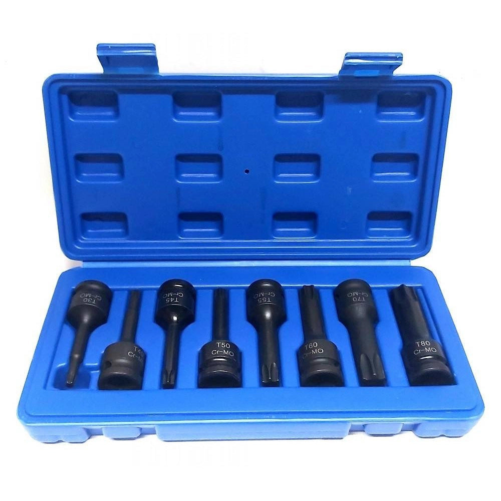 Trade Shop - Set 8 Pezzi Chiavi Bussole Torx Attacco 1/2" T30 T80 A Impatto Lunghe 78 Mm -