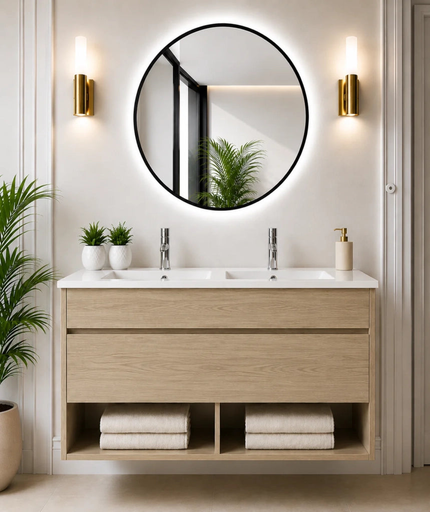 Mobile bagno sospeso con lavabo extrapiano ORIGENBATH NEBARI senza specchio 120x45 cm doppio lavabo estepa