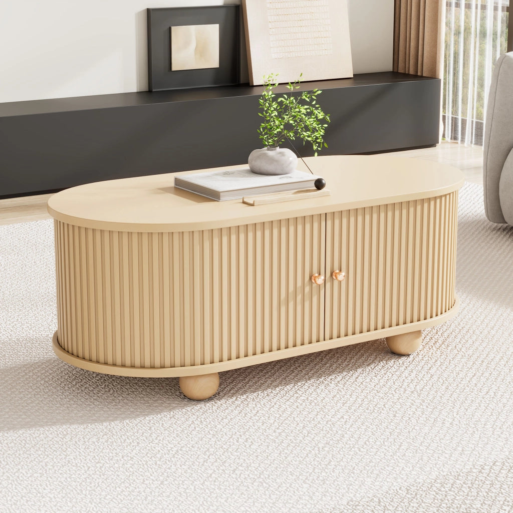 Tavolino da Salotto Ovale con 2 Ante Scorrevoli e Contenitore; Stile Industriale; in MDF; 100×50×40 cm; Legno