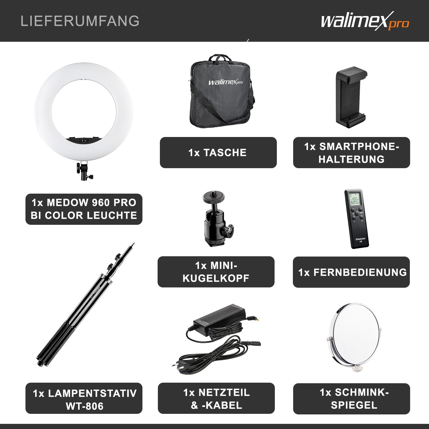 Medow 960 Pro Luce anulare LED incl. treppiede, luce anulare bicolore 3200-5500 K, luce video dimmerabile con telecomando 96 W, treppiede per lampada con ammortizzazione a molla