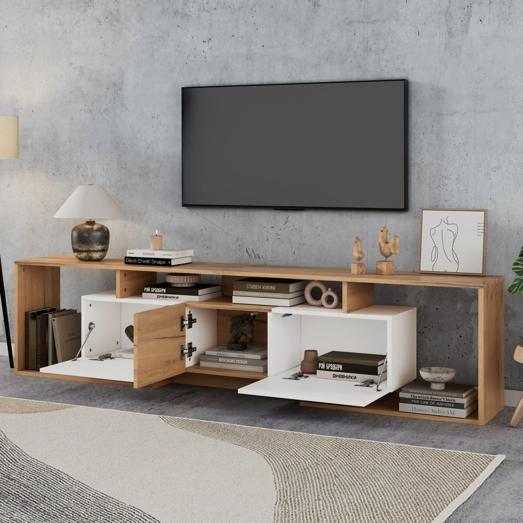 Mobile porta TV con 2 ante a ribalta, 1 anta e 3 vani aperti, per soggiorno, bianco e naturale 180 × 30 × 49 cm
