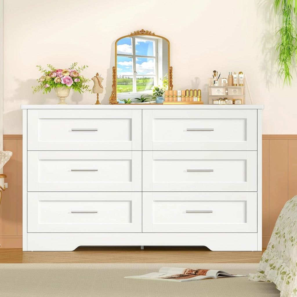 Cassettiera Camera da Letto, Settimino con 6 Cassetti - Comò Bianco Moderno e Salvaspazio, Ideale per Soggiorno e Ingresso, 107x35x75.5 cm