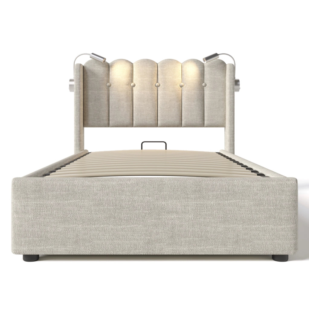 Letto contenitore 90x200 in lino beige con luce di lettura e USB