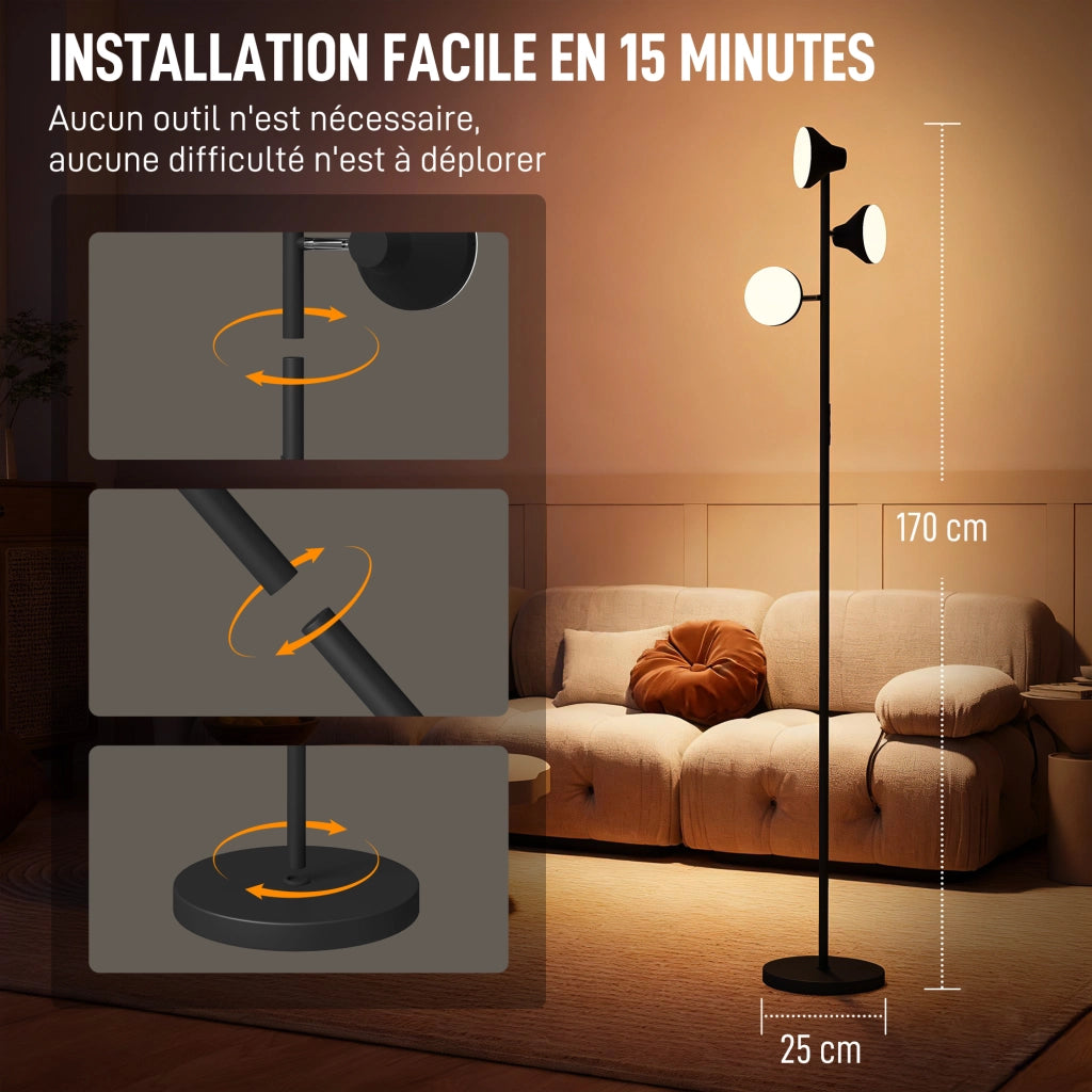 Lampada a LED da terra con 3 teste regolabili ¨C zephmum ¨C nero 25x170 cm