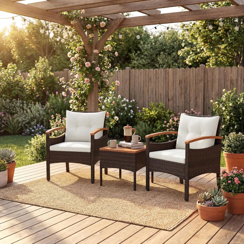 Set di Mobili a 3 Pezzi, Set da Bistrot in Rattan per Esterni con Tavolino, Cuscini Morbidi, Set da Conversazione in Legno d'Acacia per Patio, Cortile, Bordo Piscina (Bianco)