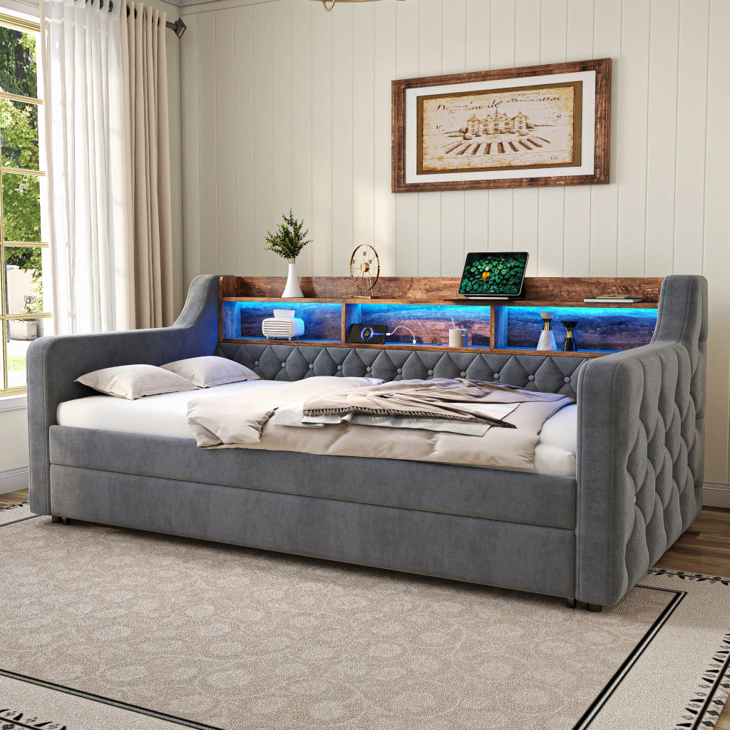 Letto estraibile 90 × 190 cm con contenitore, USB Type-C e LED regolabile, senza materasso, in velluto grigio scuro