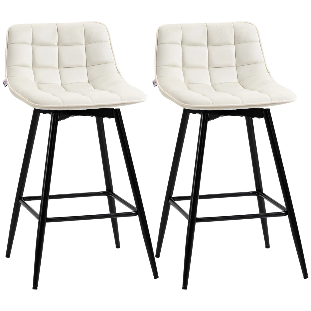 EasyComfort Set 2 Sgabelli da Bar con Schienale e Poggiapiedi in Stile Nordico in Metallo e Velluto, color Crema, 45x47x84 cm