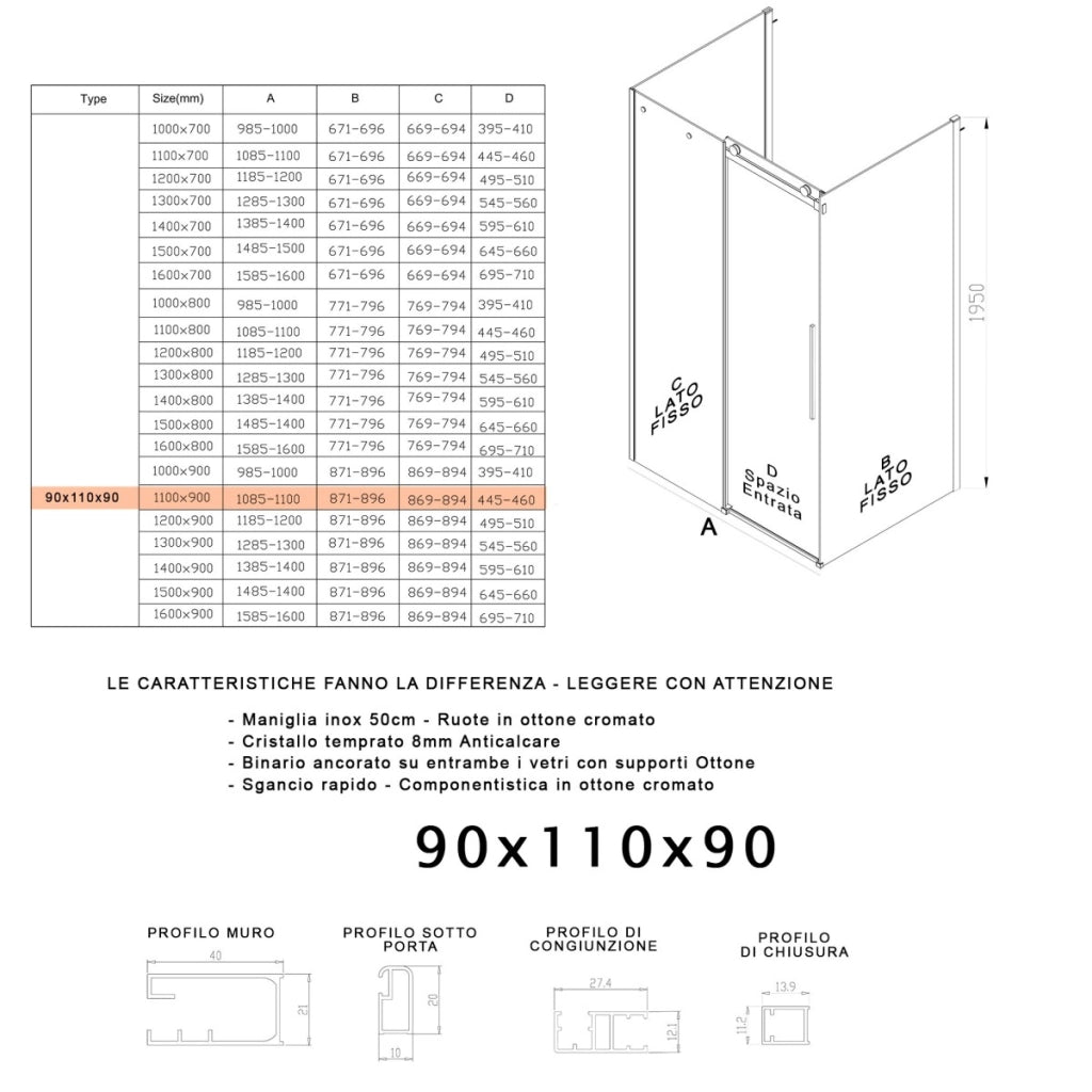 Box doccia tre lati porta scorrevole trasparente h195cm 8mm anticalcare euclide, misura 90x110x90