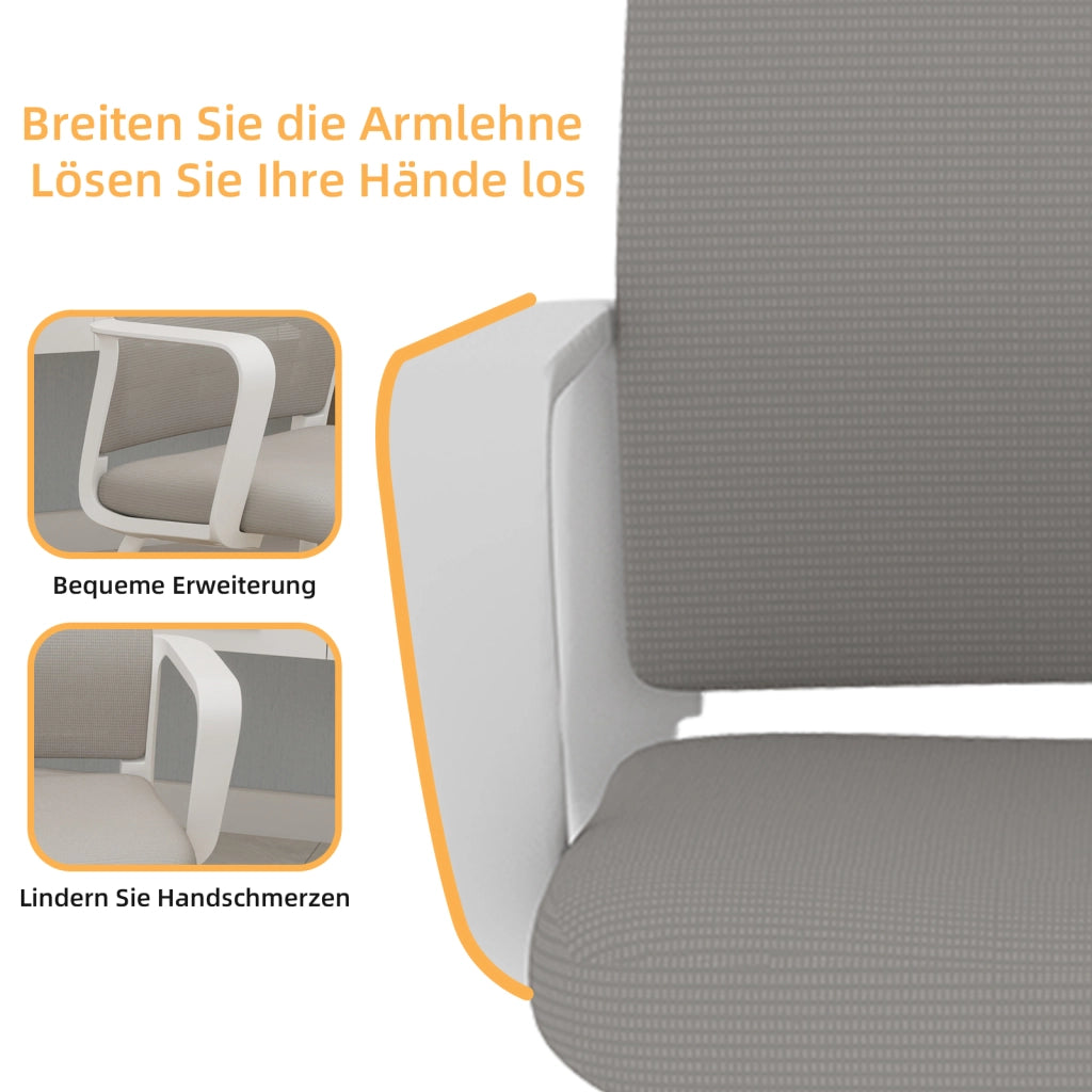 Sedia da ufficio ergonomica con schienale in rete traspirante e braccioli integrati in metallo e tessuto grigio bianco