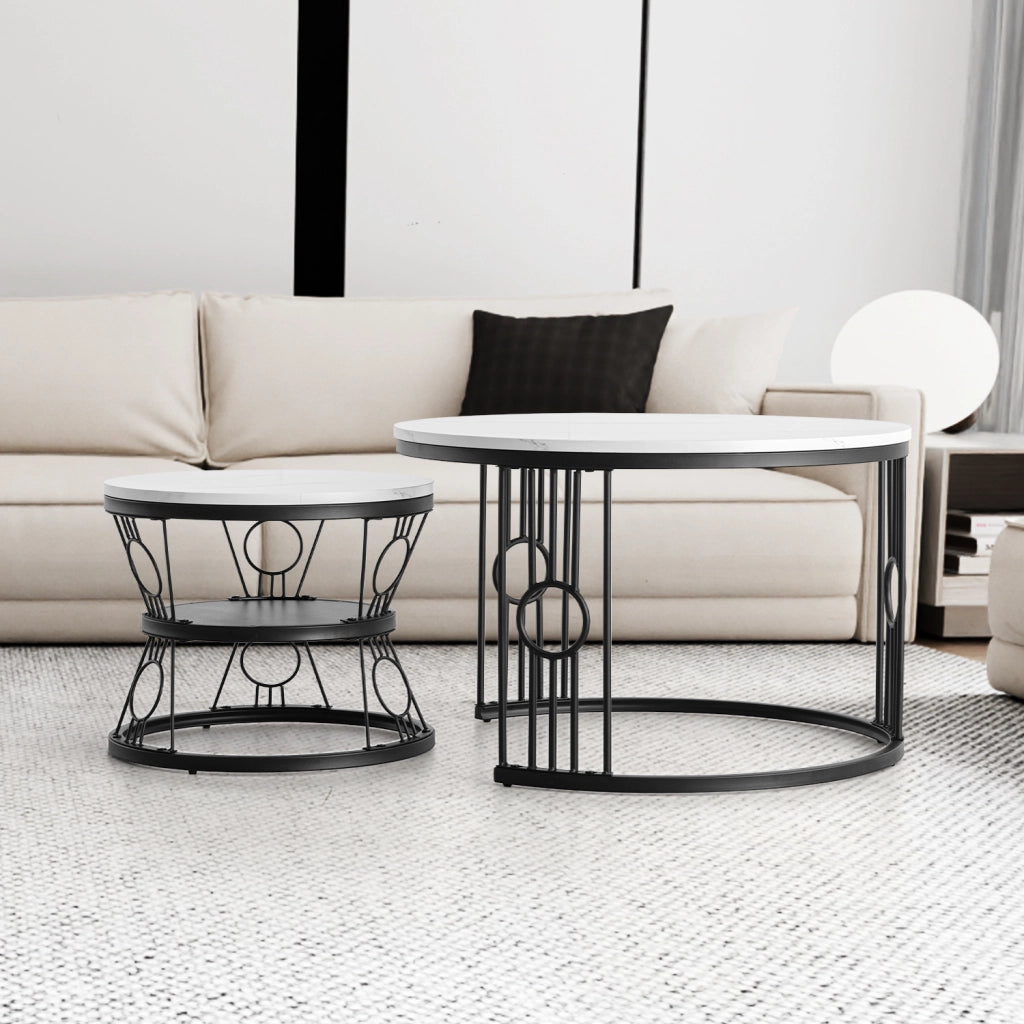 TAVOLINO DA CAFFÈ Set 2 Pezzi 70x70x45 cm MDF Bianco con Struttura Nera