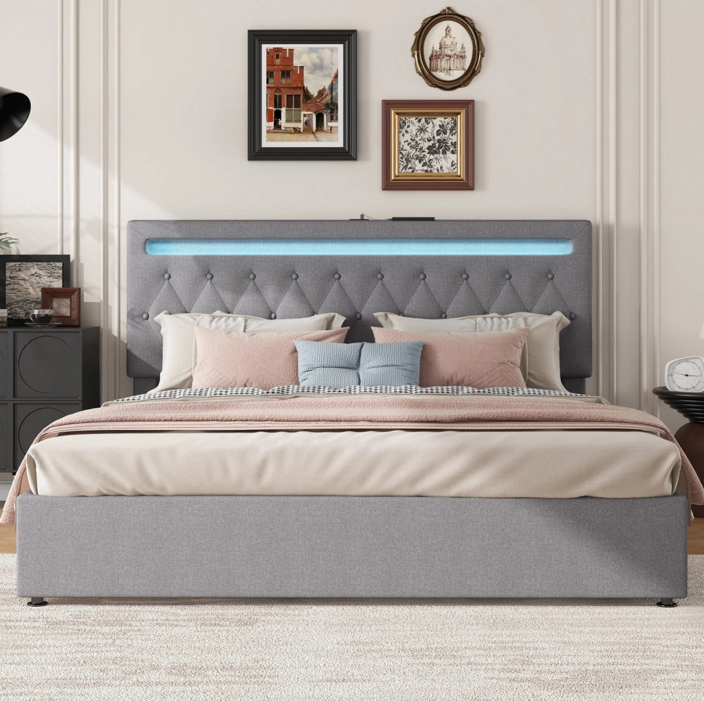 Letto imbottito 180x200 cm con sollevamento idraulico; lino; grigio