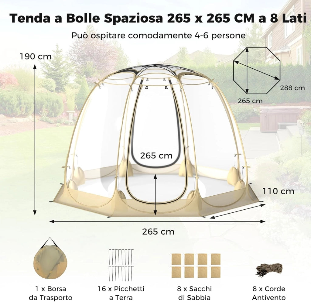 Tenda a Bolle Pop Up, Tenda da Campeggio Trasparente per 5-6 Persone, Antivento e Impermeabile, Igloo Portatile da Giardino in PVC, per Pesca, Spiaggia, Eventi Sportivi e Attività all’Aperto