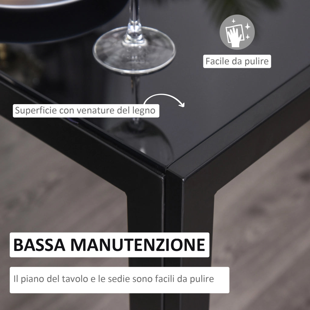EasyComfort Set 5 Pezzi con 1 Tavolo e 4 Sedie per Cucina o Sala da Pranzo in Finta Pelle, Metallo e Vetro Temperato, Nero