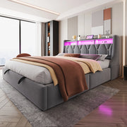 Letto imbottito 180x200 cm con contenitore idraulico; LED e prese in velluto grigio