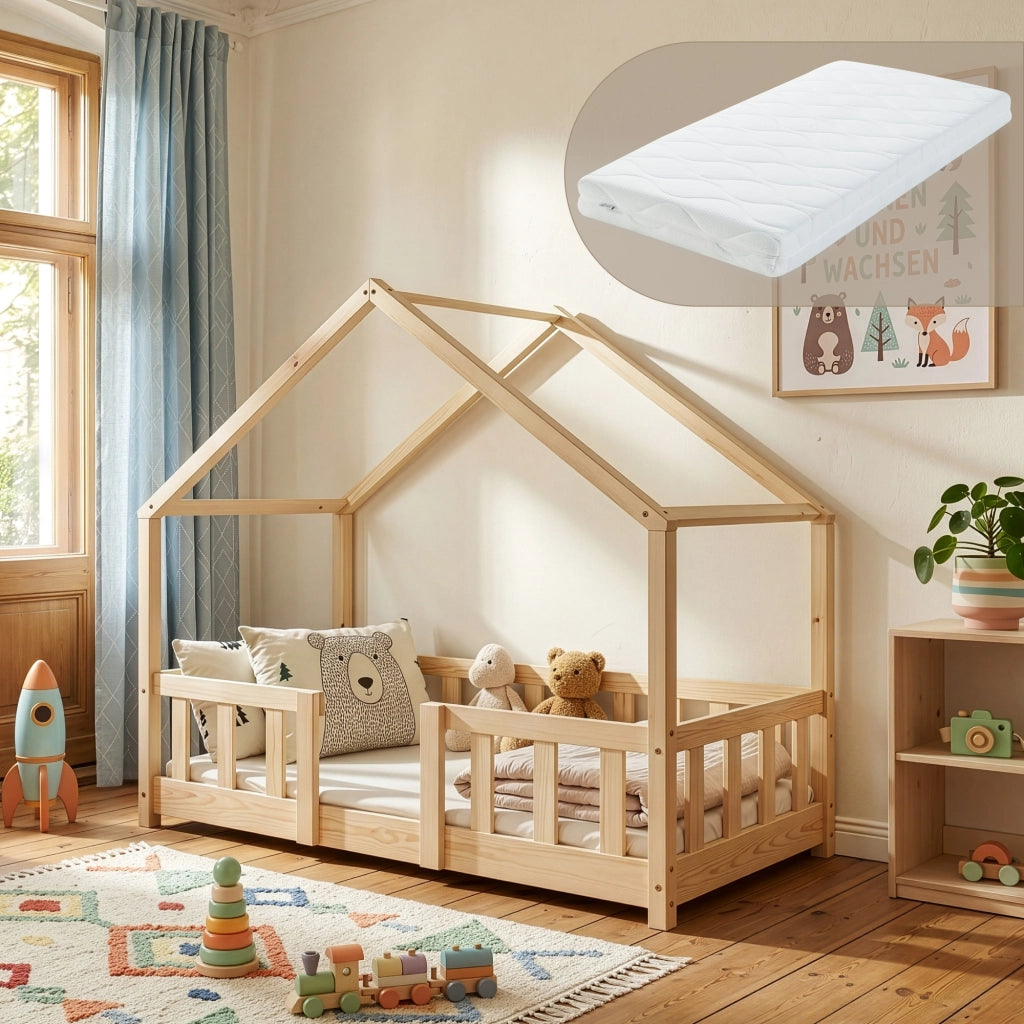 Letto per Cameretta Treviolo a Forma di Casetta in Stile Montessori con Materasso 70x140 cm - Color Naturale [en.casa]