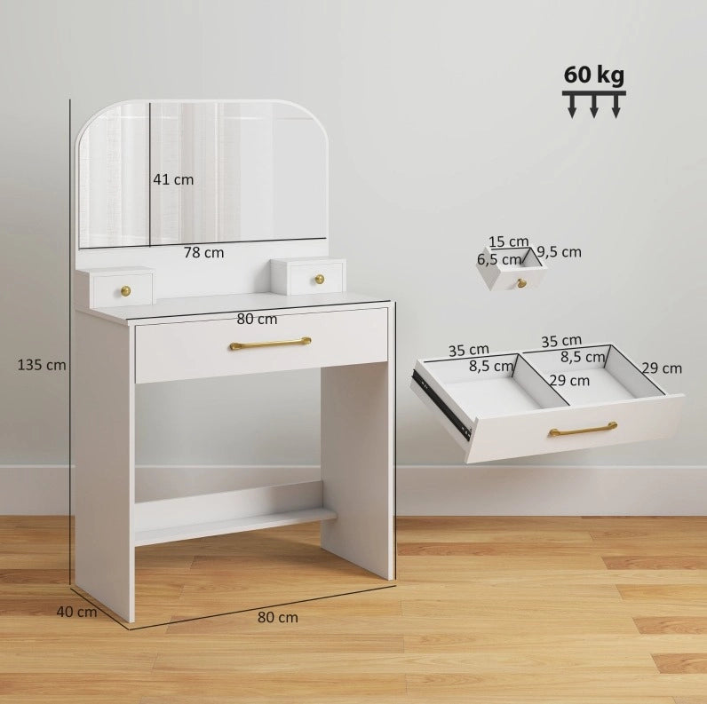 Toeletta ULEVR 80x40x135 cm con specchio arcuato e 3 cassetti, bianca
