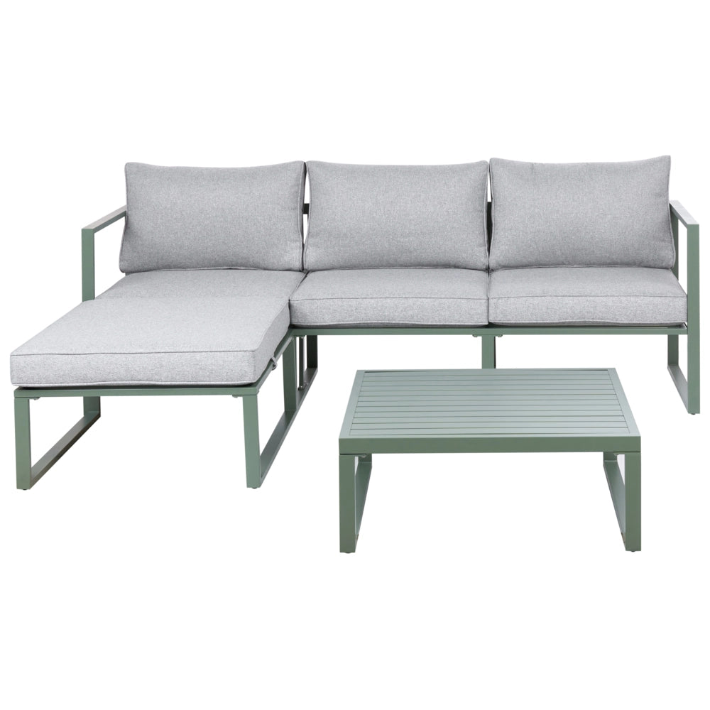 Set Lounge da Giardino a 3 Posti con Divano Angolare Sinistro in Tessuto Verde e Tavolino Struttura in Alluminio