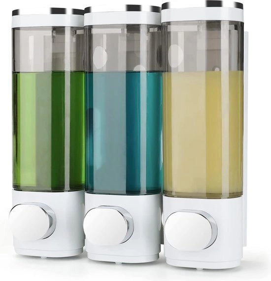 Dispensatore di sapone per parete senza forare, in plastica nera e bianca, adatto per cucina, bagno, toilette per gel doccia, shampoo, sapone (3 x 300 ml)