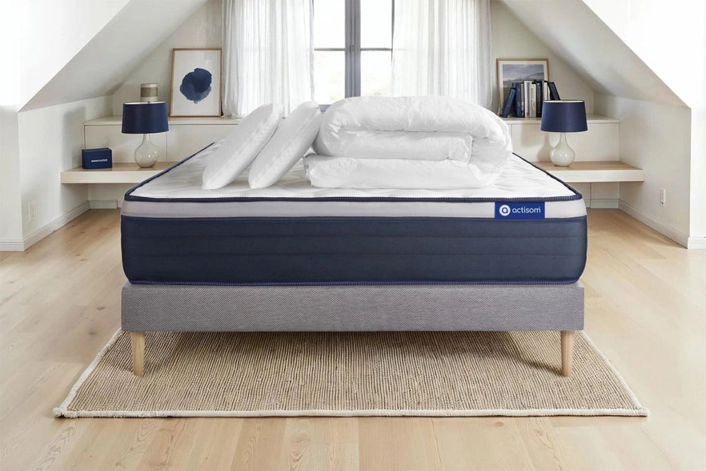 Pacchetto letto completo - Materasso 140x190cm + Box spring con doghe (kit) + 2 cuscini + Piumino - Actiflex Max