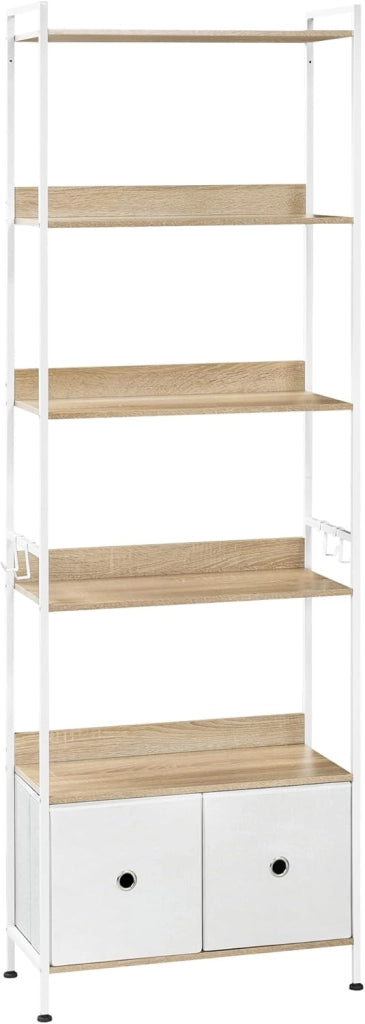 Libreria a 5 Piani con 2 Cassetti, Scaffale di Stoccaggio a Pavimento, Moderno, Struttura in Acciaio, Soggiorno/Ufficio/Studio/Cucina/Camera da Letto, Rovere Chiaro+Bianco, RGB62whe
