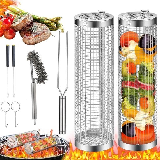 Grill per verdure 2 pezzi - grill cilindrico in acciaio inossidabile - griglia BBQ per verdure e carne