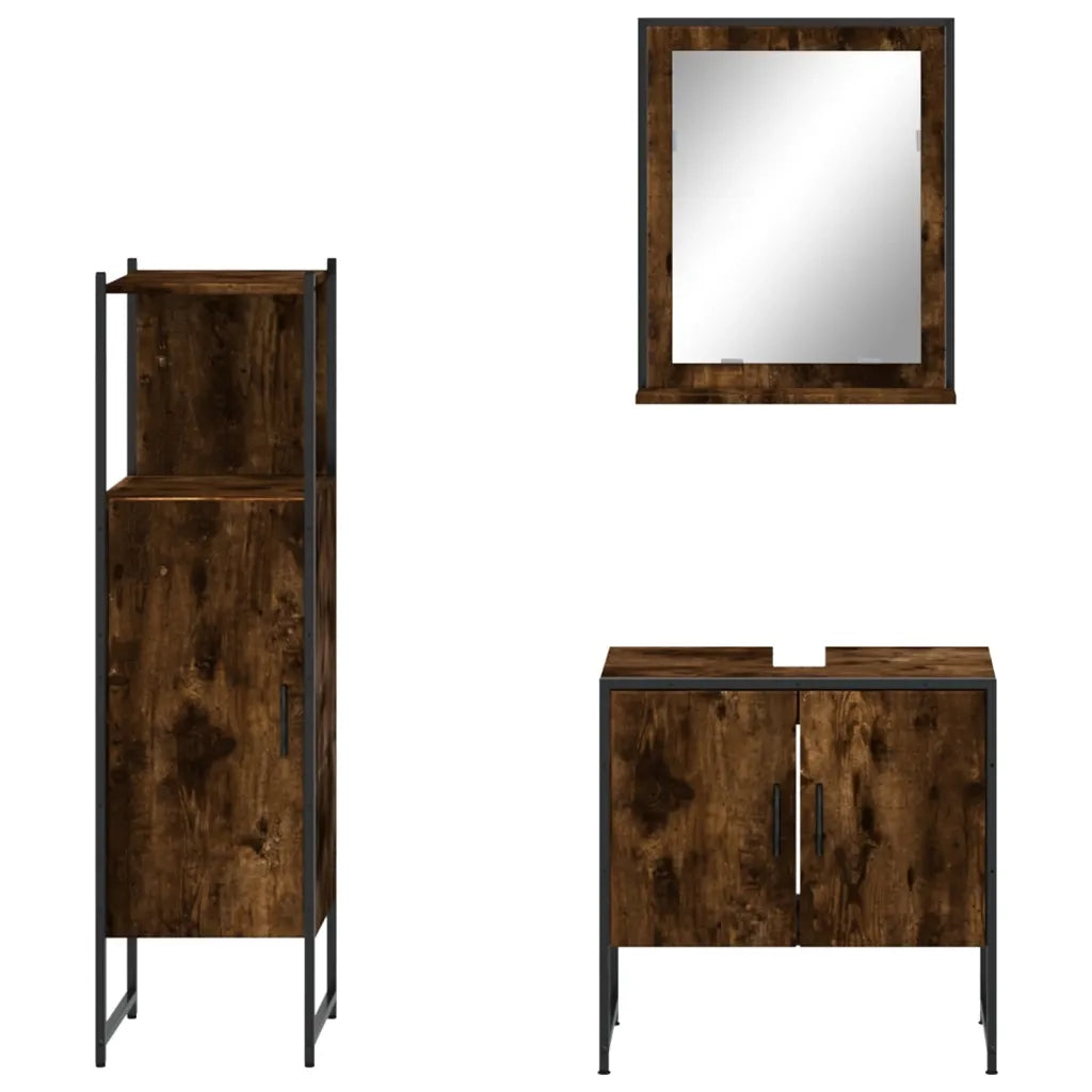 Set Mobili da Bagno | Armadio da bagno 3 pz Rovere Fumo in Legno Multistrato