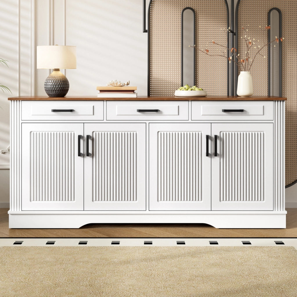 Sideboard moderno con 4 porte bugnate; 3 cassetti; 160x40x75 cm; MDF bianco