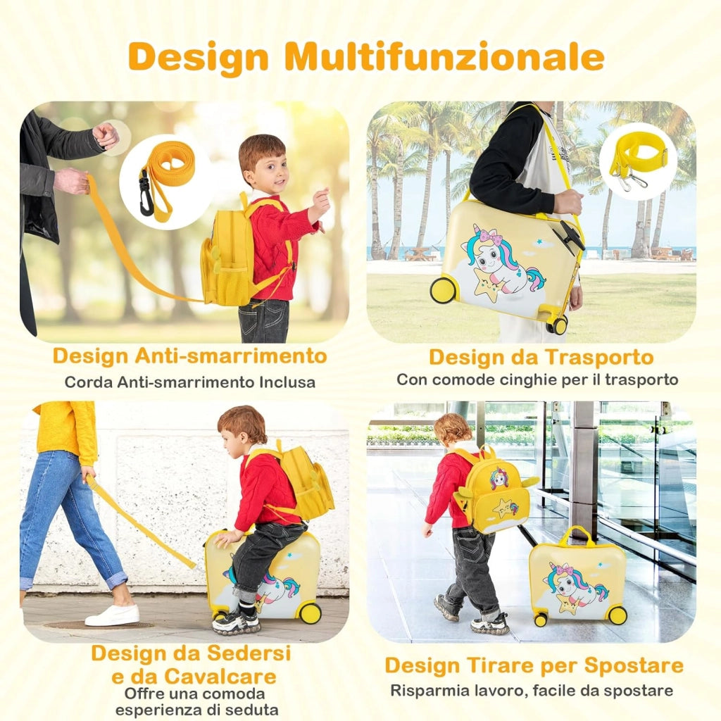 Valigia Cavalcabile per Bambini, 18" Valigia+ 12" Zaino,2 Pezzi, Trolley Bambini Bagaglio a Mano con Ruote Girevoli e Maniglia Retrattile, 2 Cingie Multiuso (Modello 3)