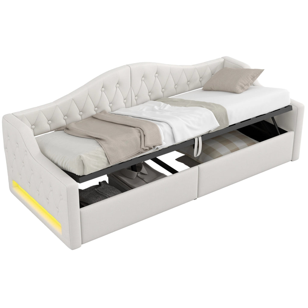 Divano letto 90x200 cm con contenitore e LED in lino beige
