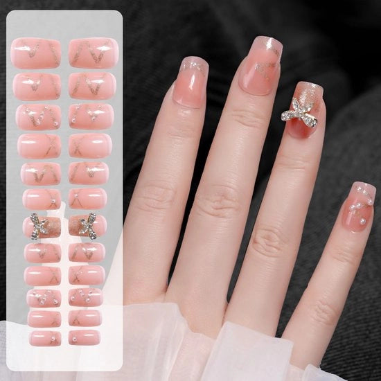 Nagelli artificiali, unghie portatili, unghie glitter dorati a forma di farfalla, punte per nail art, unghie portatili fini e pronte all'uso, unghie gel trasparenti.