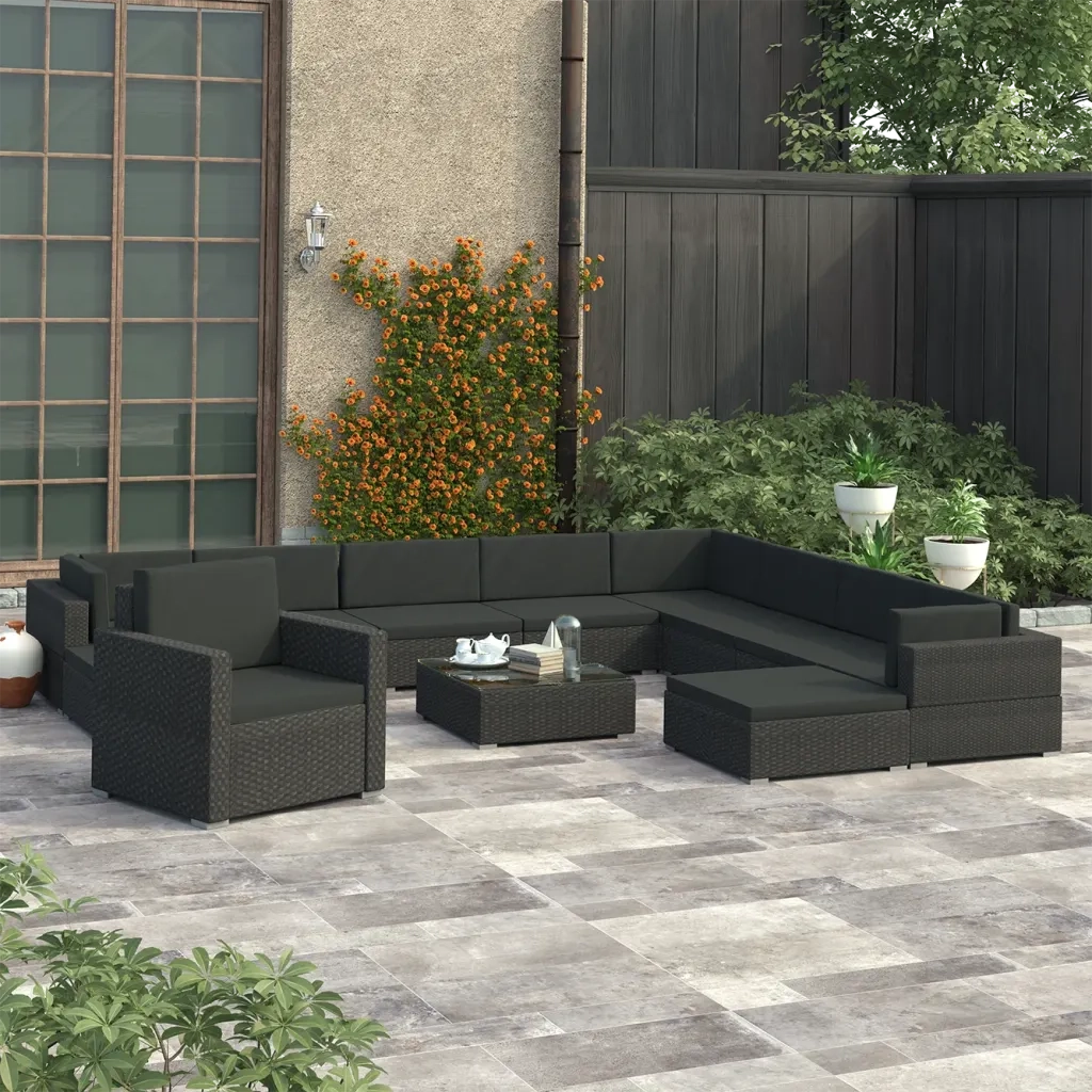 Set Divani da Giardino 12 pz con Cuscini in Polyrattan Nero 46750