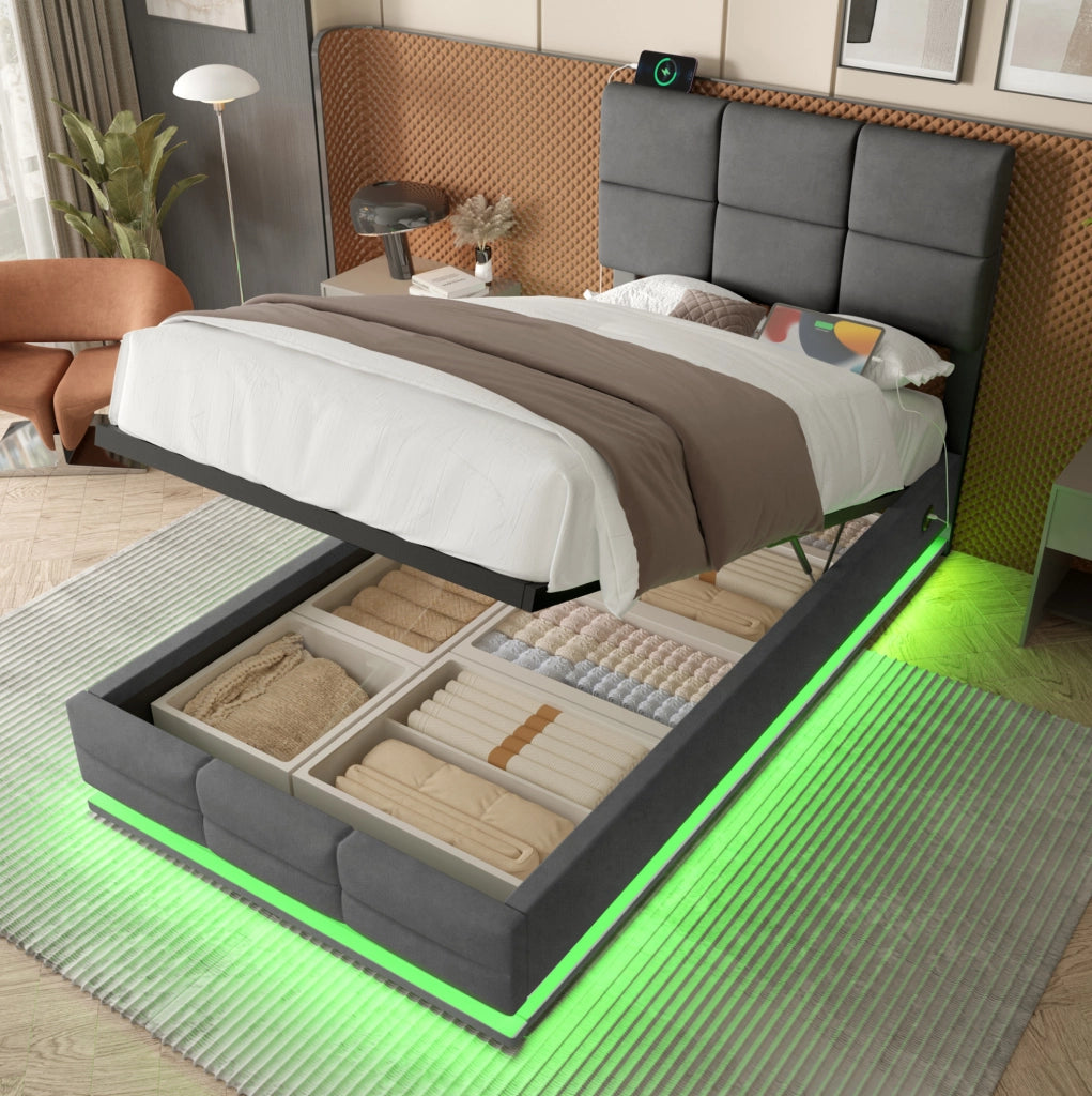Letto singolo 90x200 cm in velluto grigio scuro con LED e vano contenitore