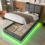 Letto singolo 90x200 cm in velluto grigio scuro con LED e vano contenitore