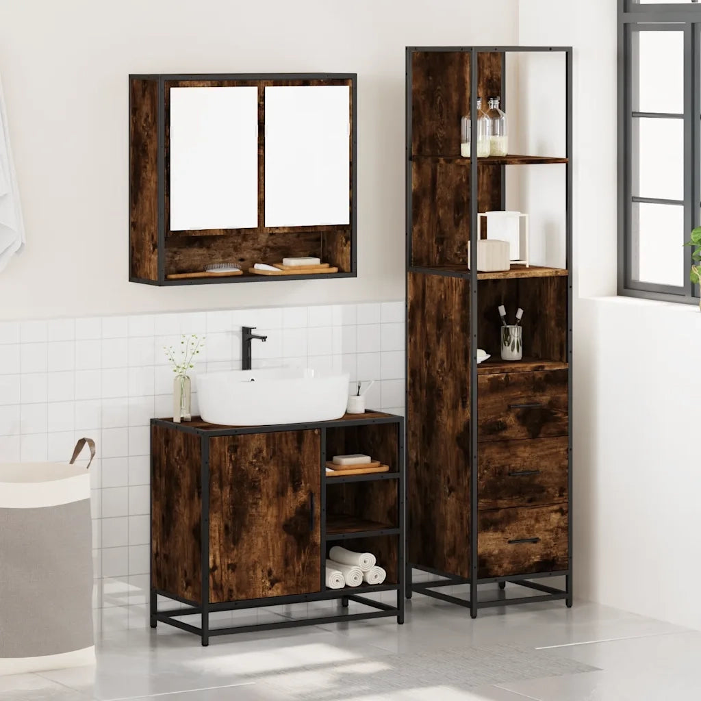 Set Mobili da Bagno 3 pz Rovere Fumo in Legno Multistrato 3301177