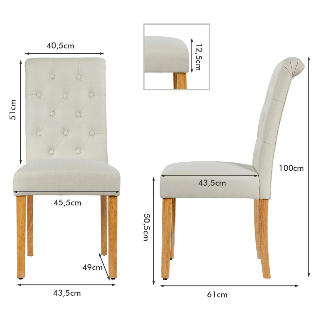 Sedie da pranzo con bottoni trapuntati e gambe in legno di gomma, Sedie laterali con tessuto di lino traspirante Beige