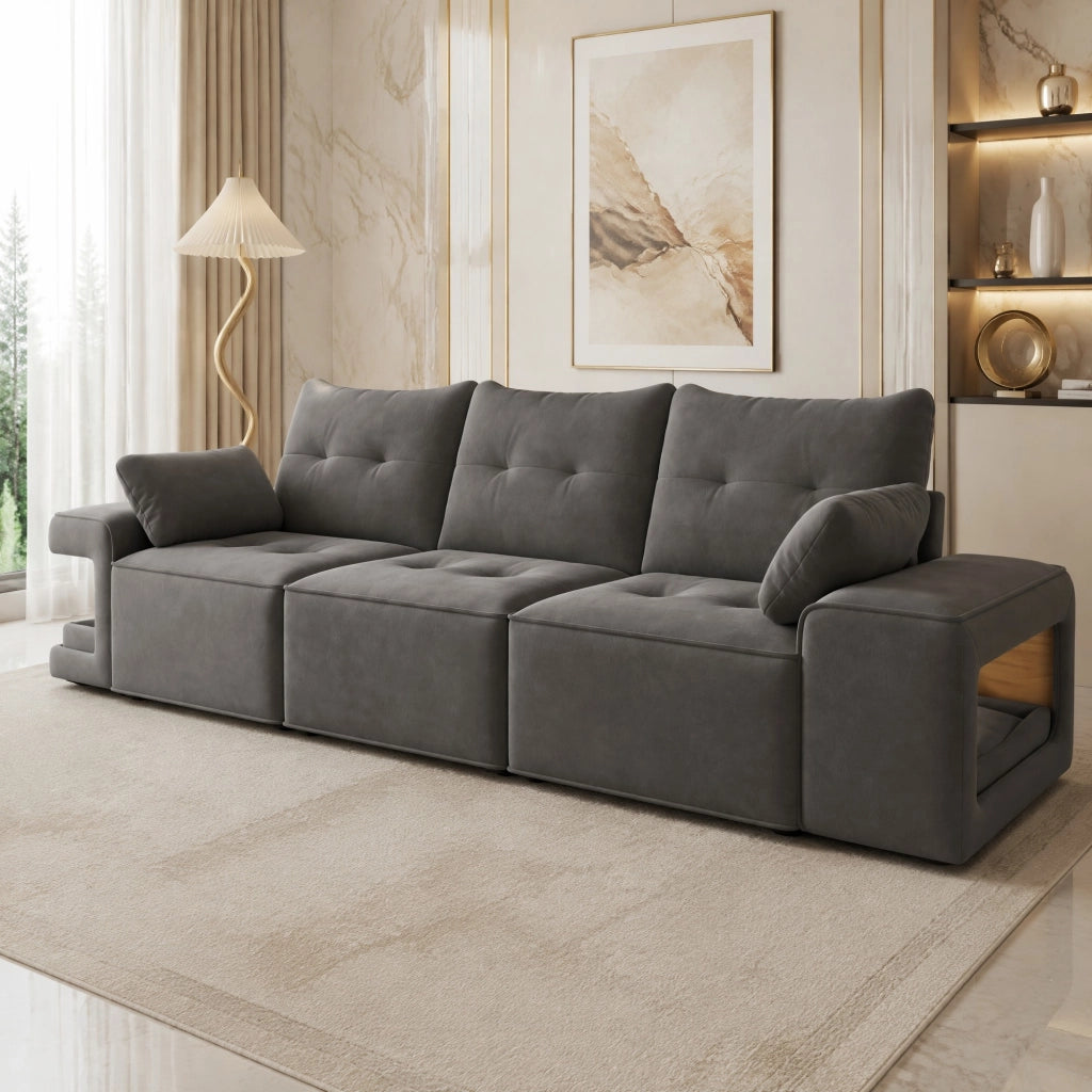 SOFÀ 3 POSTI 229,5x78x84 cm Velluto Grigio con 2 cuscini e vani portaoggetti