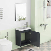 Mobile bagno sospeso grigio lucido con lavabo in ceramica e specchio