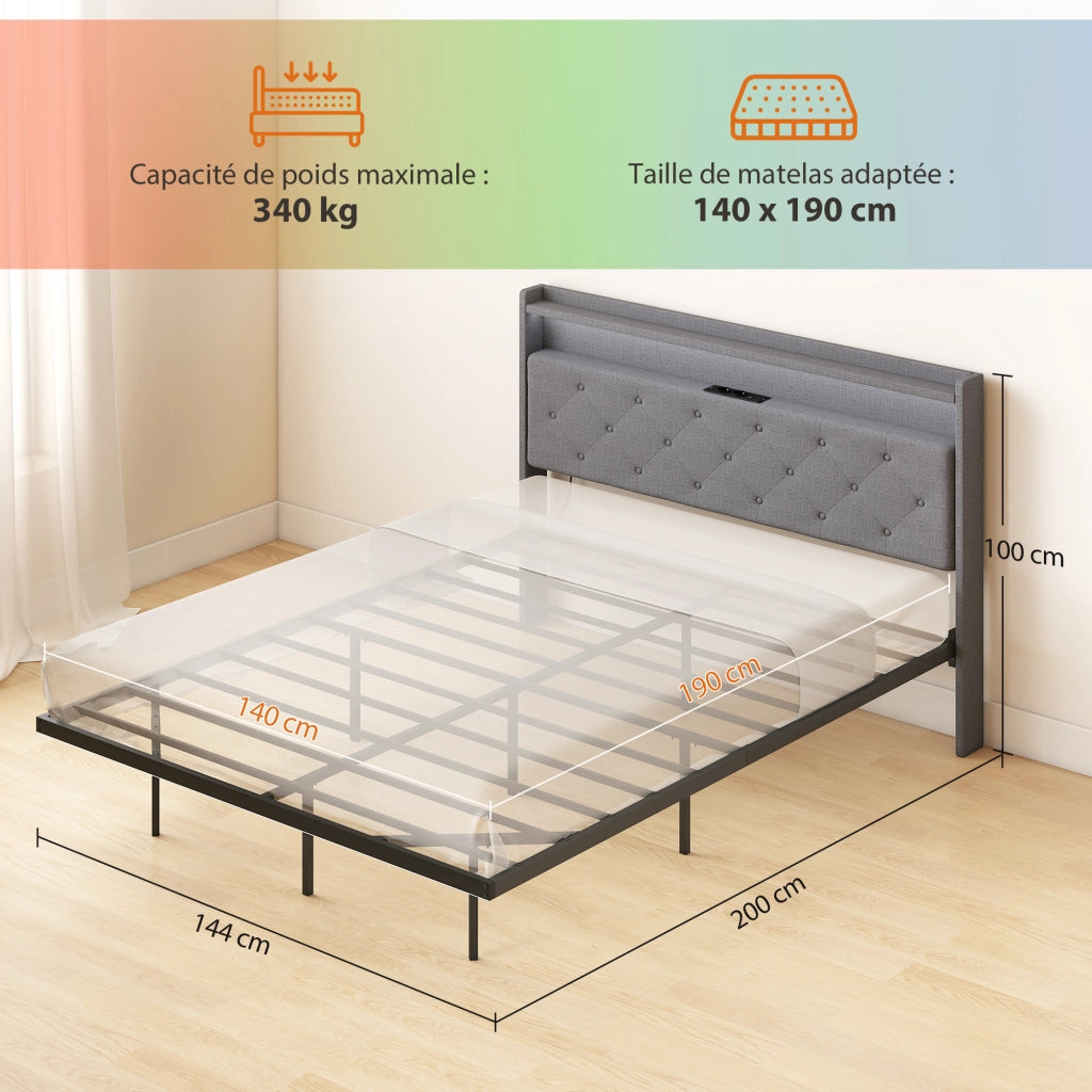 Letto Matrimoniale con Luci LED e Stazione di Ricarica ¨C Zephmum ¨C Grigio 140x190 cm