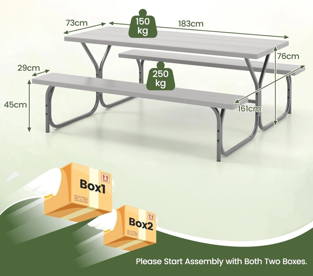 Set Tavolo da Picnic con Panche per 8 Persone, Tavolo da Campeggio con Foro per Ombrellone, Telaio in Metallo, Tavolino da Picnic Rettangolare con Sedute per Patio (Grigio)