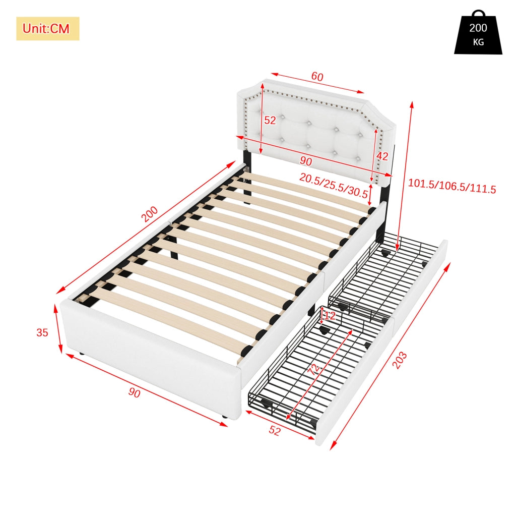 Letto imbottito 90x200 cm con 2 cassetti; testiera regolabile; in MDF e lino; beige chiaro