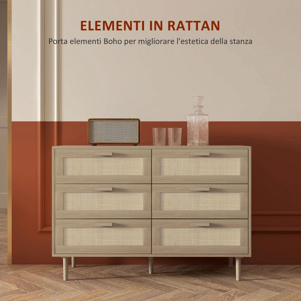 Cassettiera 6 Cassetti in Legno e Rattan Stile Boho per Soggiorno e Camera da Letto. 110x40x75 cm