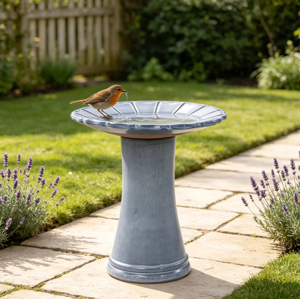 Fontana da giardino in ceramica fatta a mano per uccelli con vasca ampia e piedistallo alto blu grigio chiaro
