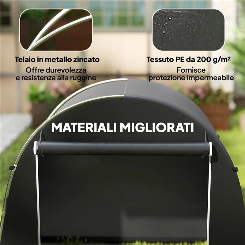 TENDA GARAGE PER BICICLETTE E ATTREZZI CON INGRESSO A CERNIERA, IN PE E METALLO, 245X120X200 CM, GRIGIO SCURO