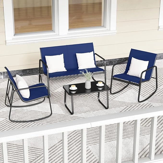 Set da Giardino 4 Pezzi in Tessuto Textilene, Set da Bistrò da Patio, Set tavolo e sedie con Tavolino in Vetro, 2 Sedie e Divanetto a Dondolo, per Giardino Coltile (Blu)