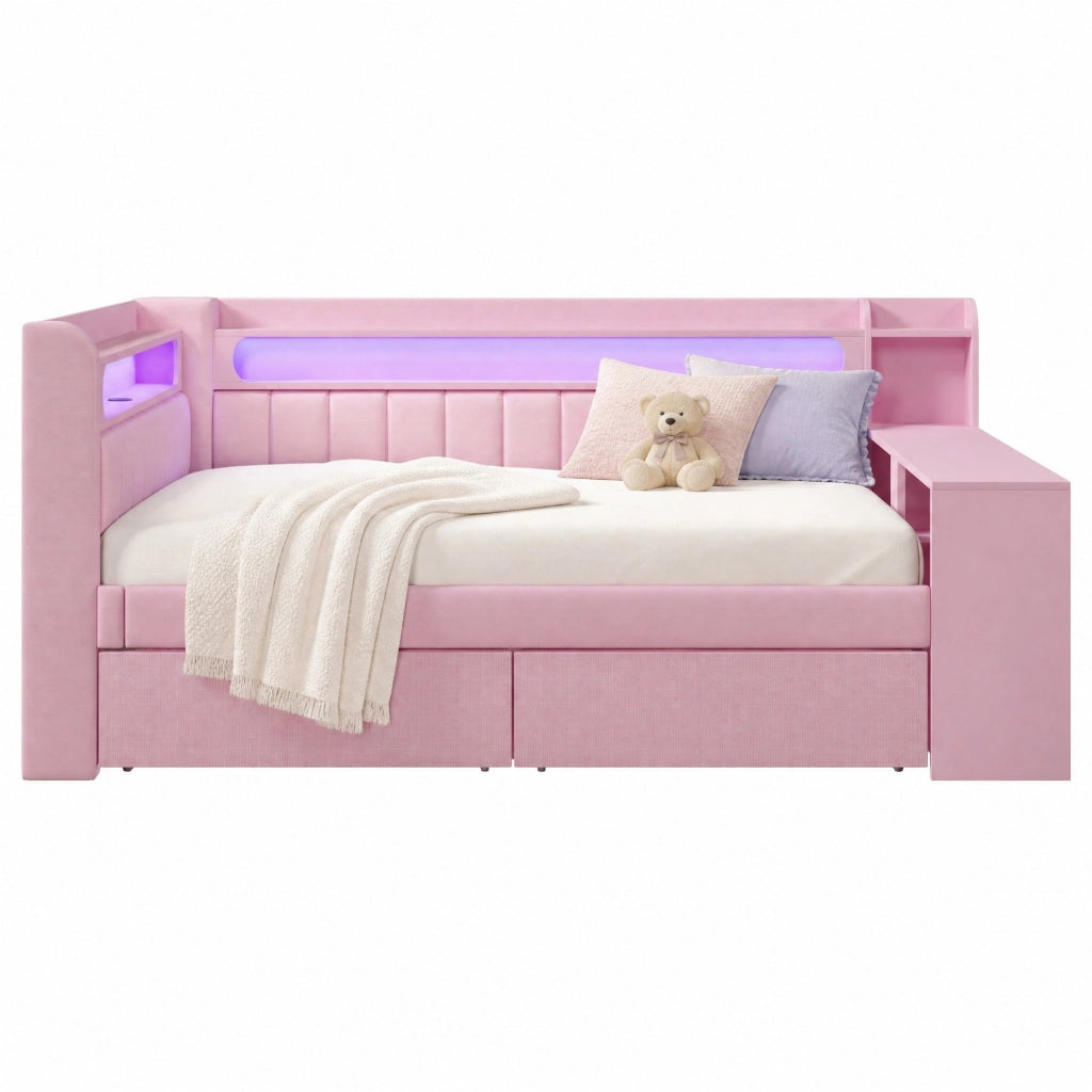 Letto imbottito 140x200 cm con LED; USB; scrivania integrata e 2 cassetti rosa