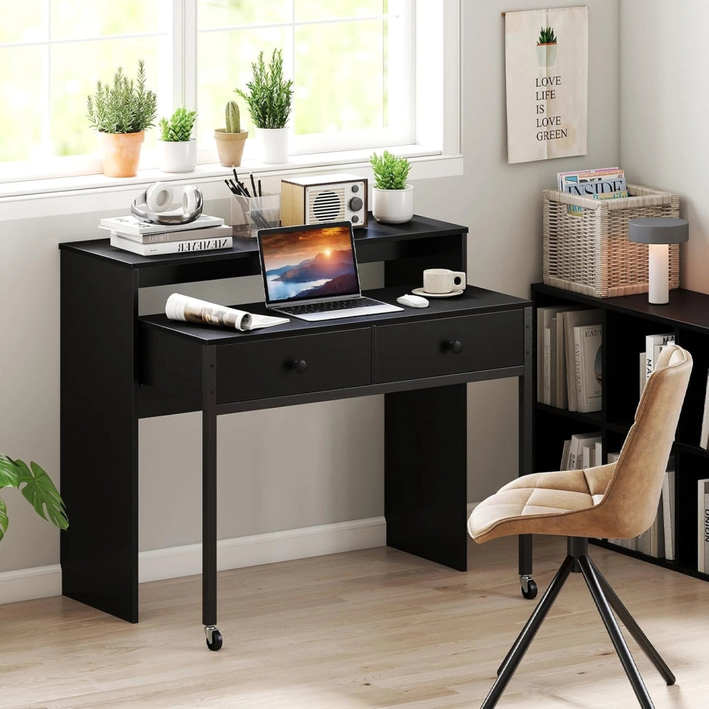 Scrivania per Computer, Tavolo Salvaspazio Retrattile con Cassetti e Ruote Universali Bloccabile, 100 x 63 x 88 cm, Desk Gaming per Ufficio, Soggiorno e Camera da Letto (Nero)