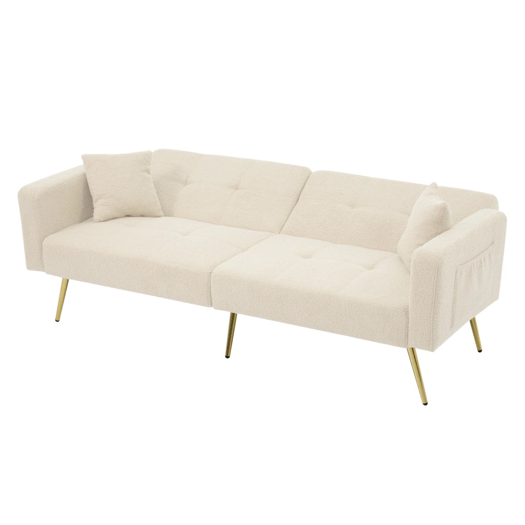 Divano Letto 2 Posti con Schienale Regolabile e Tasche Laterali Comfort in Schiuma ad Alta Densità in Tessuto Beige