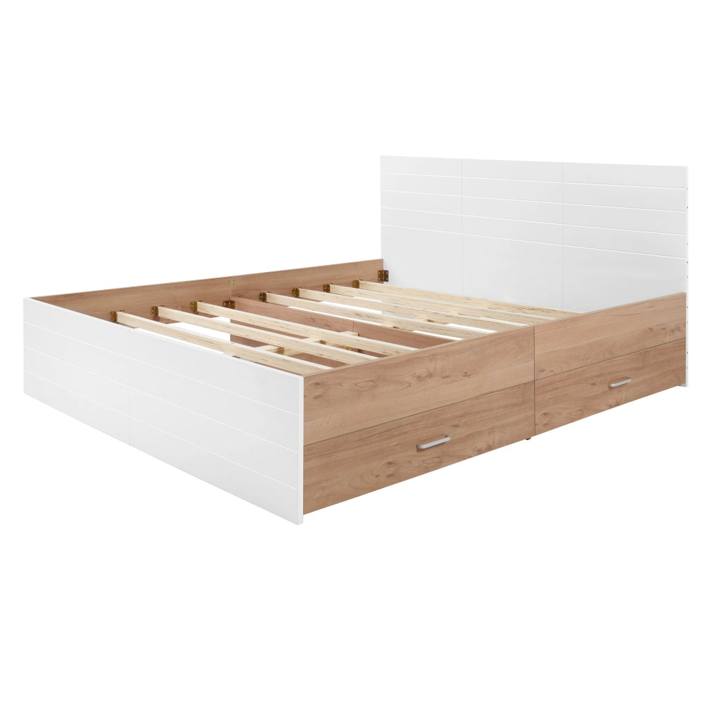Letto matrimoniale in legno 160x200 cm con 2 cassetti, rete a doghe, bianco e rovere chiaro, senza materasso