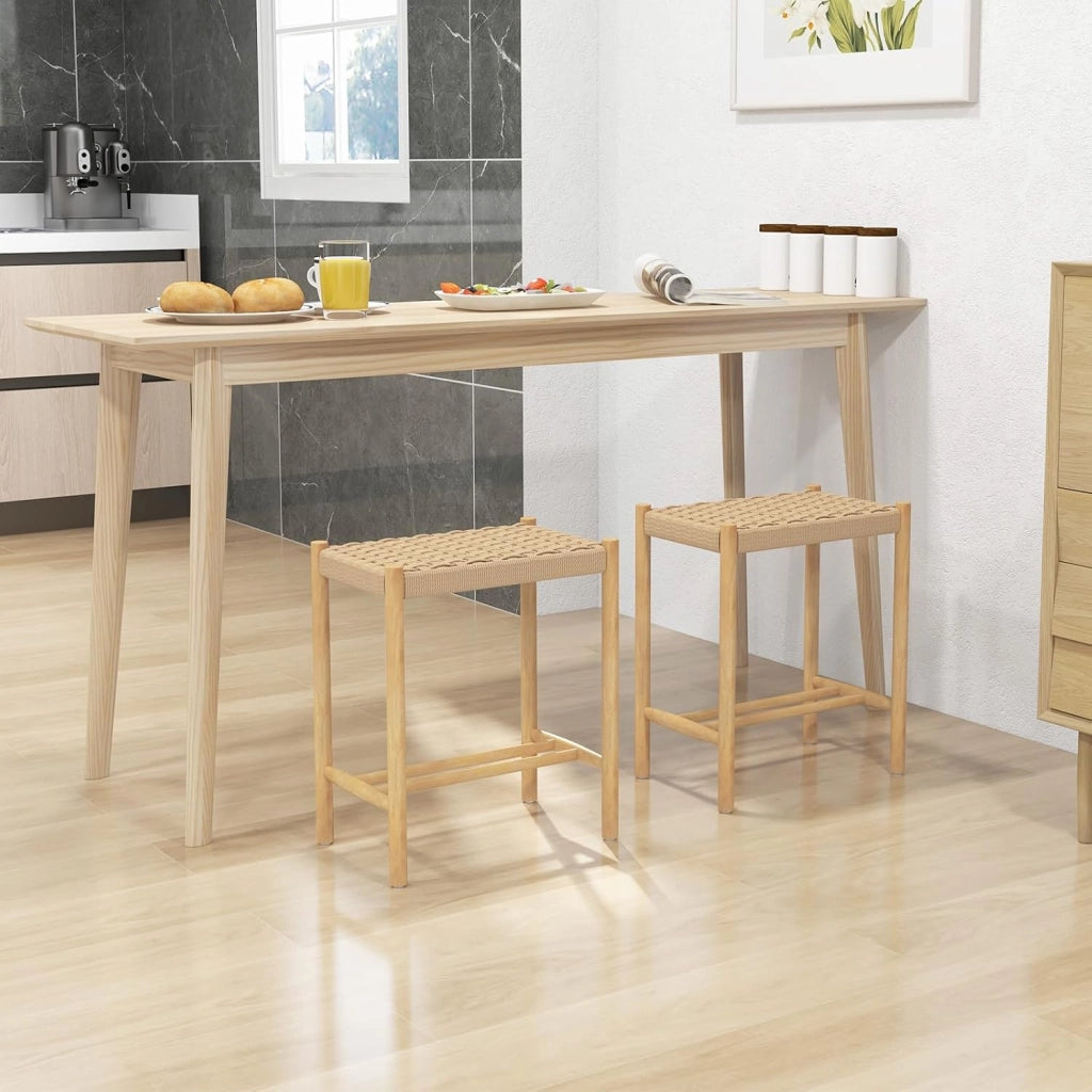 Set di 2 Sgabelli Intrecciata in Carta, Sgaballi Bassi da Soggiorno,Sgaballi Poggipiedi in Legno, Fino a 150 kg, 56 x 36 x 45 cm